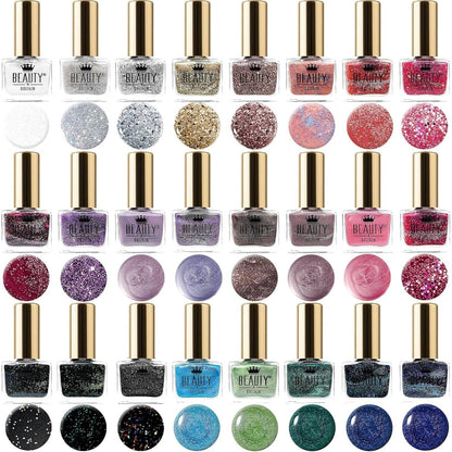 Set of 24 Sparkling Glitter Nail Polishes Quick-Dry Formula - Shimmering Nail Colour Daily Wear Easy Application Glitter Nail Art Essentials