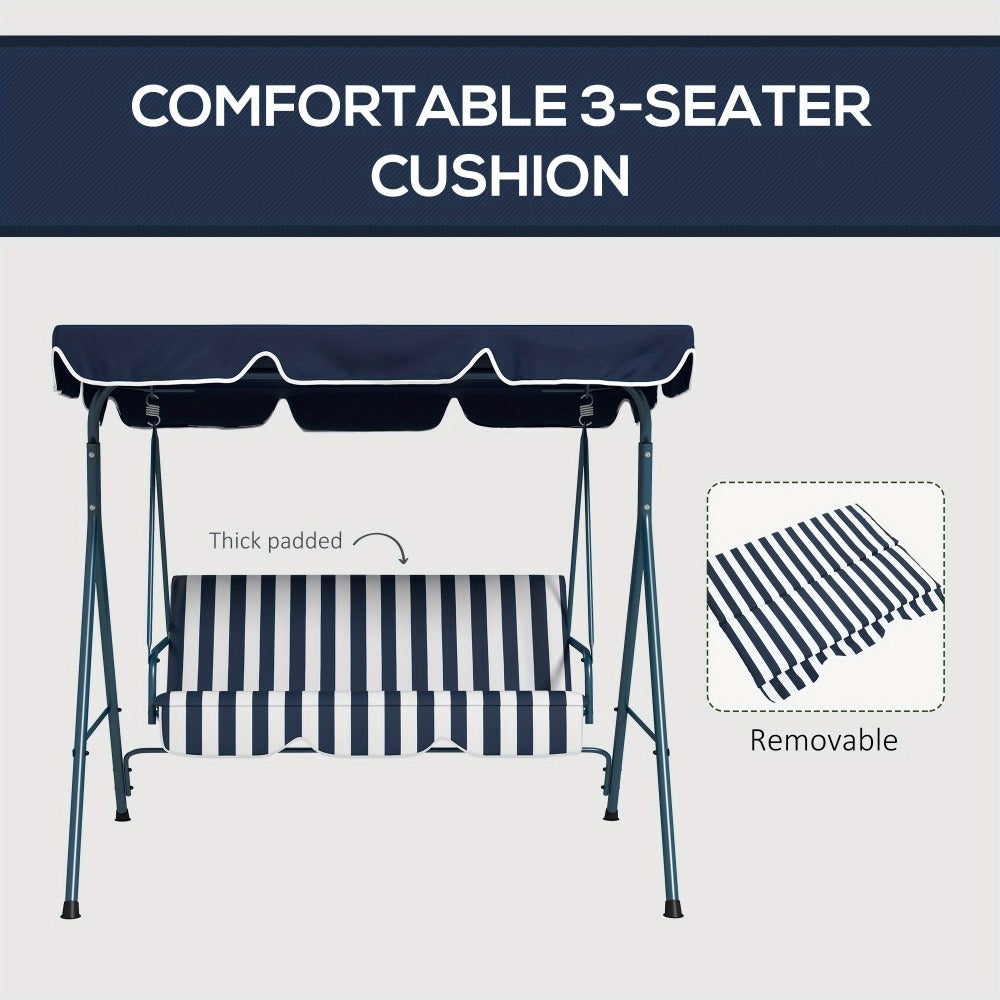 3-Person Garden Swing Chair with Adjustable Canopy Padded Seat Steel Frame Outdoor Patio Swing Bench Blue White