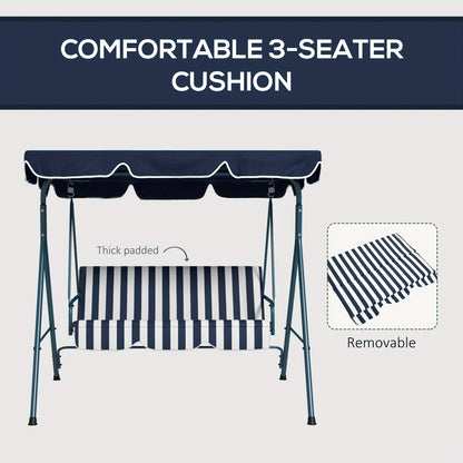 3-Person Garden Swing Chair with Adjustable Canopy Padded Seat Steel Frame Outdoor Patio Swing Bench Blue White