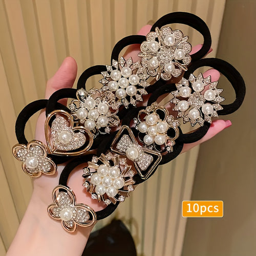 10pcs Rhinestone Faux Embellished hair band, Cute Elastic Jersey Material, Includes Minimalist & Elegant Styles Women's Hair Ties