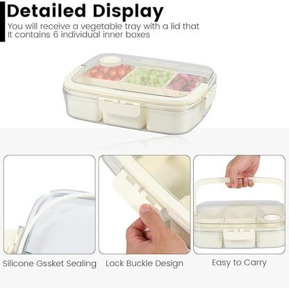 Snack Box with 6 Compartments, Snack Plate with Lid, Portable Storage Box, Bento Box with Handle, Storage Container for Candy, Veggie, Biscuit, Nuts, Fruit, Cream White