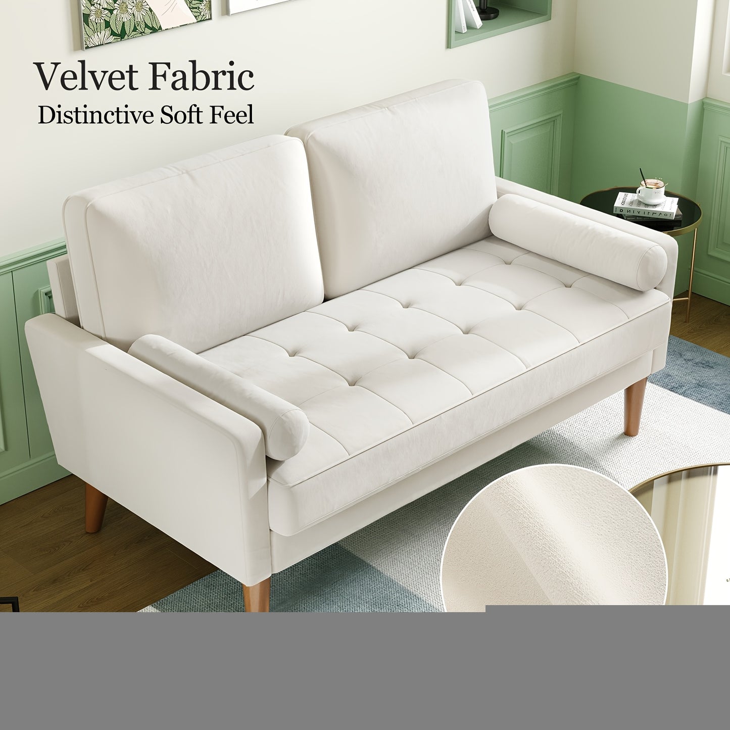 Vesgantti Small 2 Seater Sofa Beige, Comfy Couch with Spring Cushion, Velvet Sofa with Wood Legs, Modern Love Seat Sofa 2 Seater for Living Room, Small Couch for Bedroom, Beige Office Couch