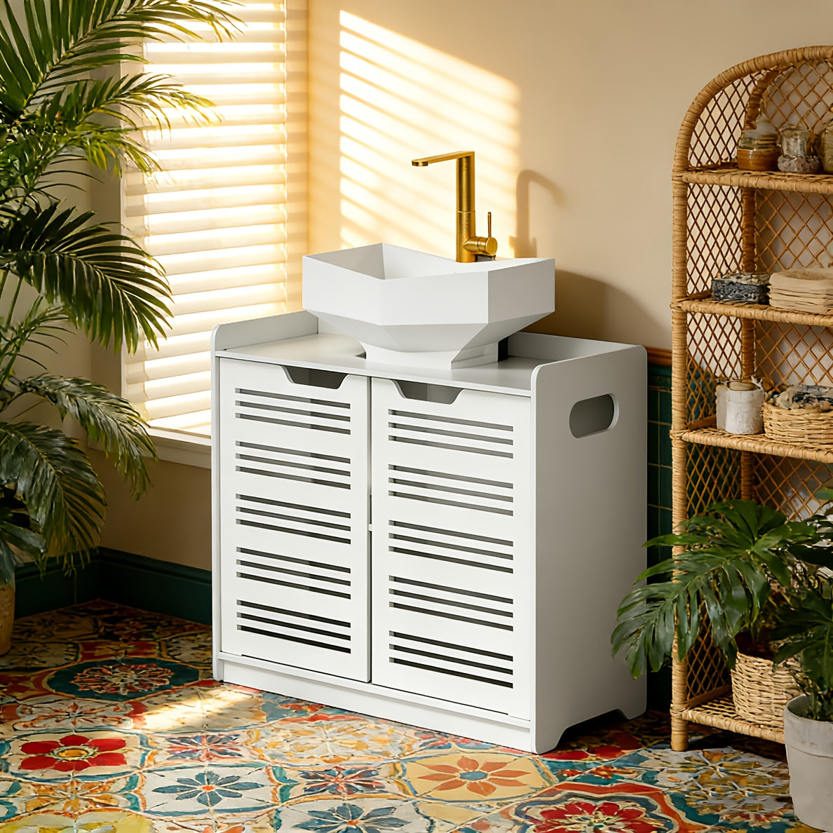 Under Sink Bathroom Cabinet, Free Standing Sink Storage Unit with Shelf, Basin Cupboard with 2 Door, Space Saver Organizer Freestanding Floor Unit Shelving Cabinet for Toilet Paper, Shampoo, Assembly for Bathroom Or Kitchen, Shelves