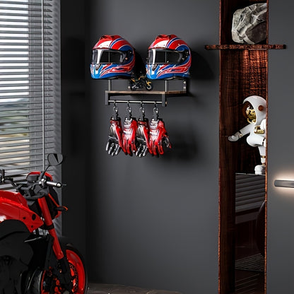 [Wooden Display Rack] Durable Wooden Wall-Mounted Motorcycle Helmet & Gear Display Rack with Key Holder*1 And Hooks
