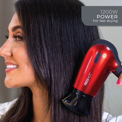 Red Hot 37070 1200W Travel Hair Dryer with Folding Handle/Dual Voltage / 2 Heat Settings/Compact & Lightweight/Red Coloured