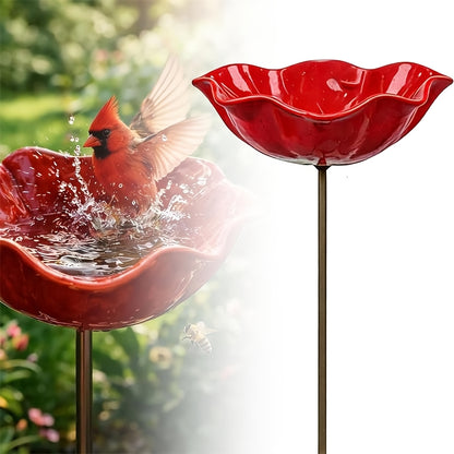 [3D] Handmade Metal Flower Garden Stake with Bee Bath Bird Water Bowl Decorative Outdoor Yard Art, Butterfly & Pollinator Watering Station, Weather-Resistant Garden Decor Gift