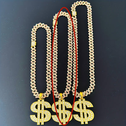 Large and Heavy US Dollar Symbol Pendant,  18K Gold Plated Alloy 18K Gold Plated-plated Cuban Chain Necklace with 12mm Full, Men's Hip-hop Style Ring Combination