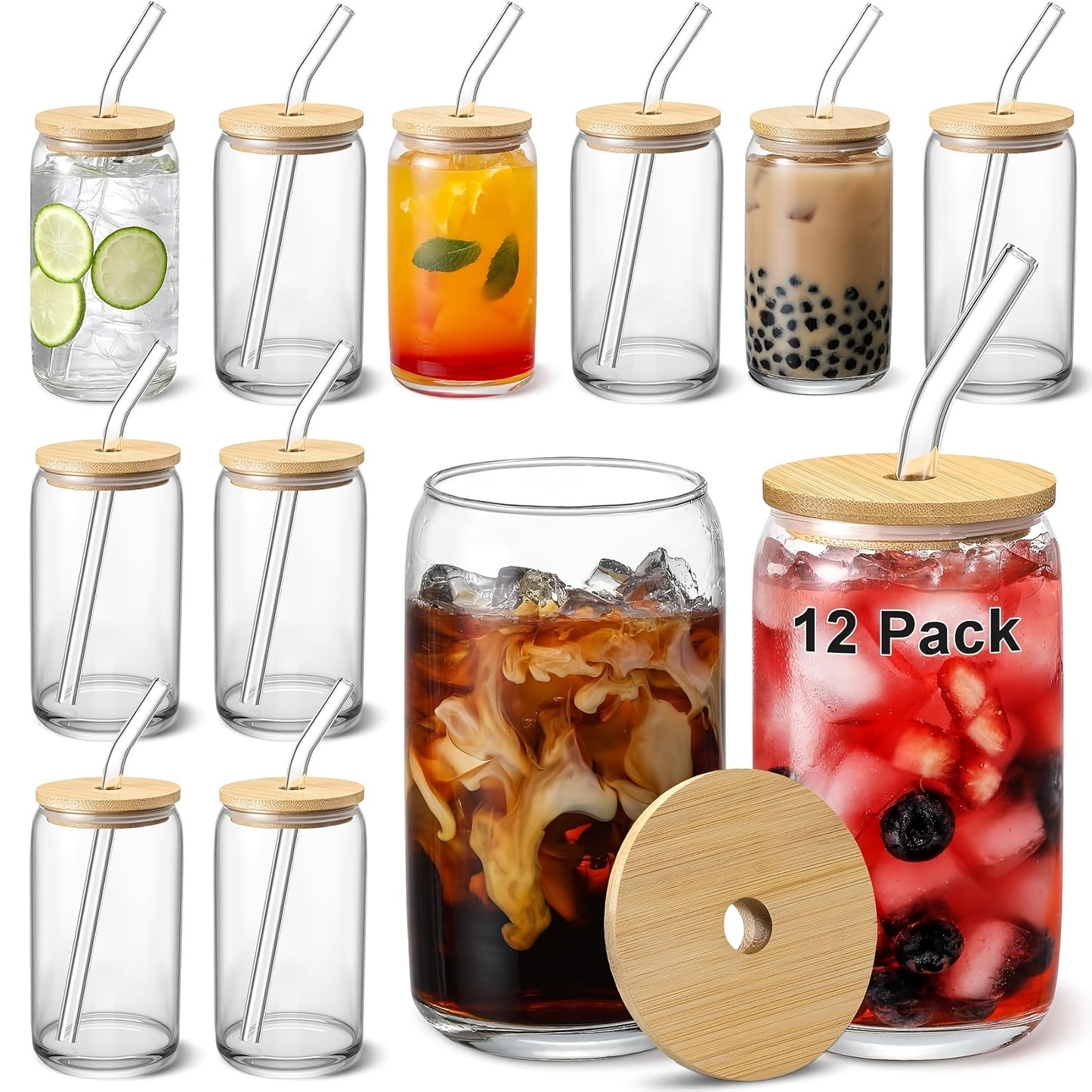 4/6/8/12/16 Glasses With Lid And Straw Only 16 Oz, Transparent Glasses Suitable For Gifts, Business, Drink Cup Sets, Iced Coffee Cups, Cute Aesthetic Tea Cups, Homemade Drink Cups