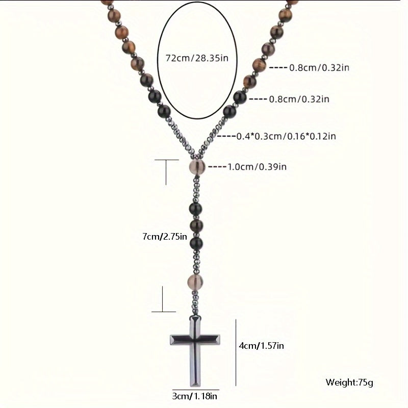 New Natural Tiger Eye Round Bead Long Chain Necklace with Black Agate Cross for Men
