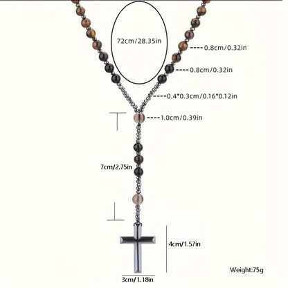 New Natural Tiger Eye Round Bead Long Chain Necklace with Black Agate Cross for Men