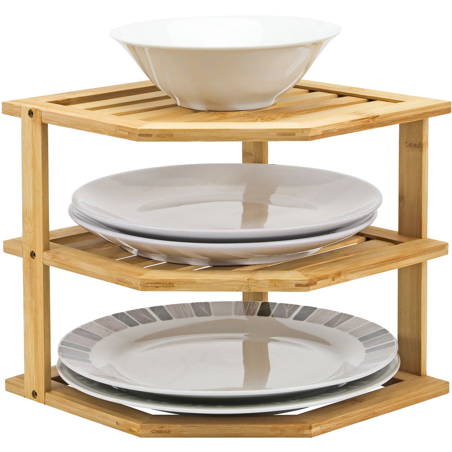 Bamboo Cabinet Shelf Organiser - 3 Tier Corner Shelf for Kitchen & Bathroom Countertop Cabinet Organiser Plate Rack Tidy Cupboard Shelf Insert Storage Organisation