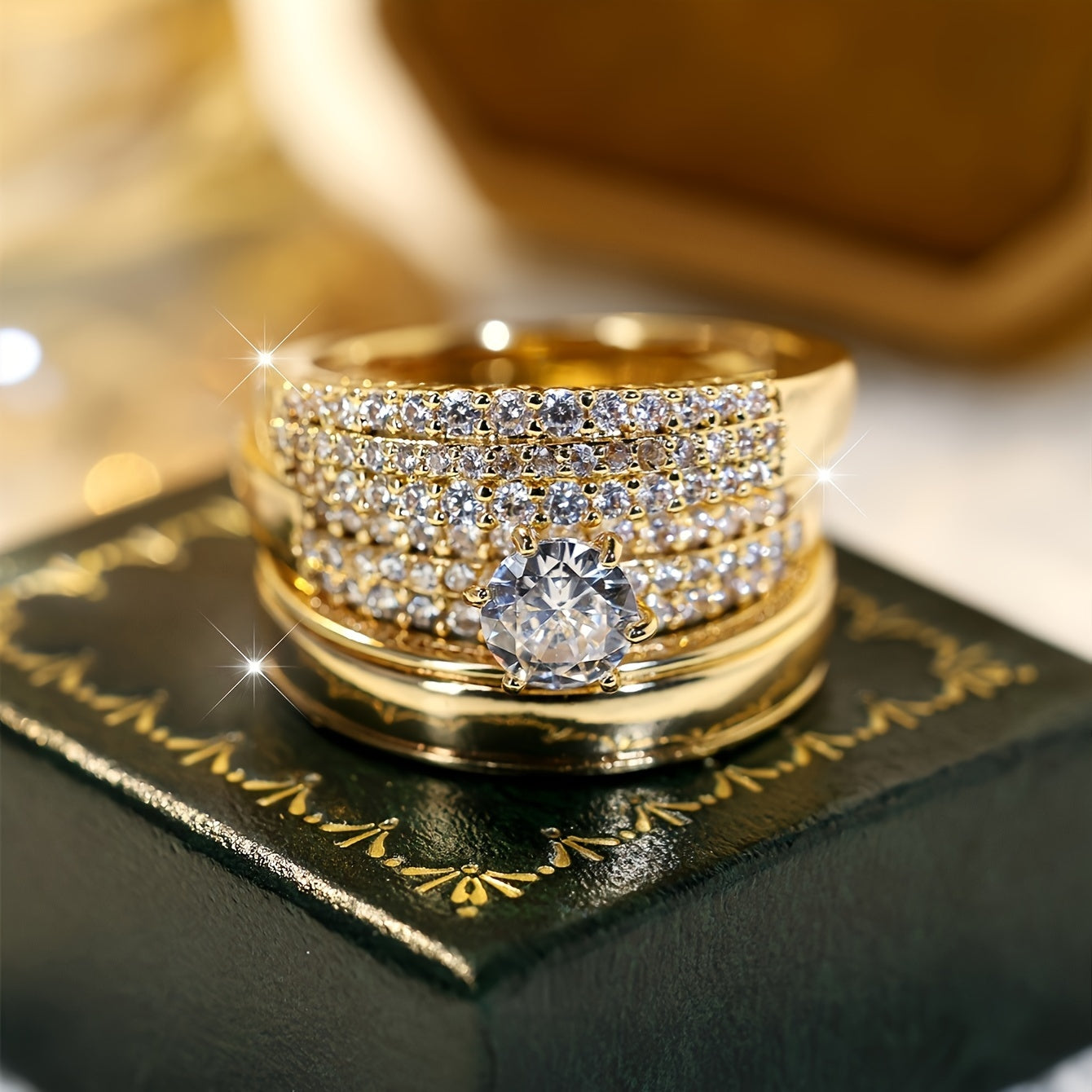Set of 3 Elegant Golden Rings with Synthetic Zirconia Inlay for Women, Perfect for Bridal Wedding Engagement Gifts