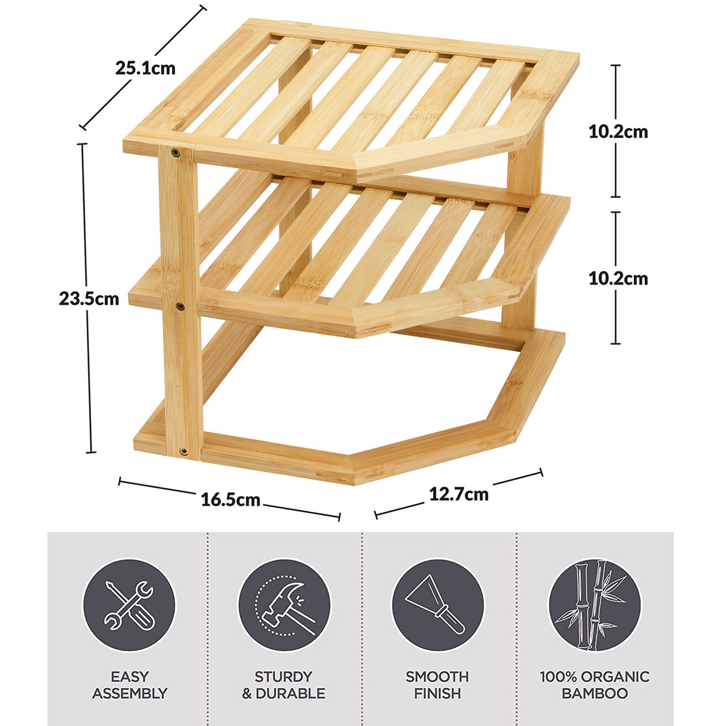 Bamboo Cabinet Shelf Organiser - 3 Tier Corner Shelf for Kitchen & Bathroom Countertop Cabinet Organiser Plate Rack Tidy Cupboard Shelf Insert Storage Organisation
