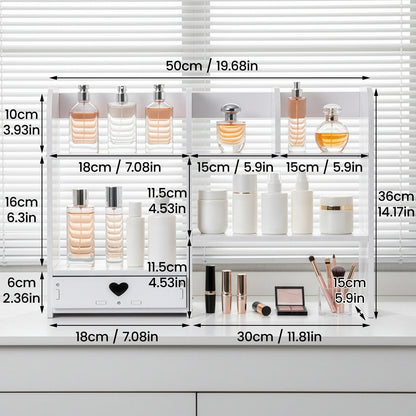Multi-Layer Elevated Desktop Shelf, Rectangular Fiberboard Storage Organizer, Painted Finish, Cosmetic and Accessory Holder for Dressing Table and Desk