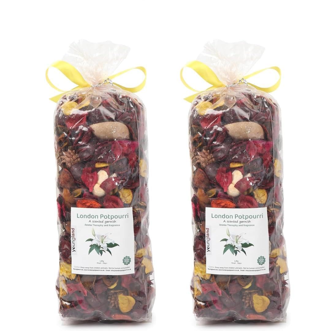Youngland London Potpourri Lilly Scented Garnish Natural Dried Flower Vase Filler with FREE 10ml Fragrance Oil Bottle Luxury Aromatherapy & Home Fragrance Gift Pack of 2 200gm/Packet