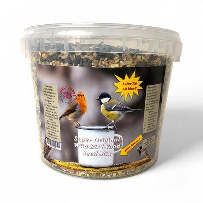 Farmly Foods Super Original Wild Bird Seed Mix 5 Litre Airtight Tub – 15-Seed Blend, 3.8kg, Attracts Robins, Blue Tits, Finches & More Garden Birds