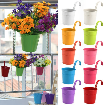 10pcs/Set Metal Iron Flower Pot - Metal Hanging Flower Pots with Drainage Holes Elegant Oval Iron Wall Planters for Balcony & Outdoor Spaces Railings, Fences, Balconies & Garden Decor, Outdoor Flower Pots