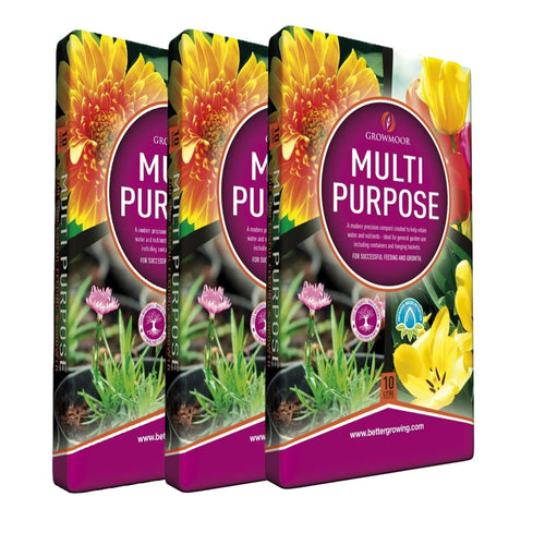 3x Growmoor Multi Purpose Compost 10L – Large Volume Potting Compost for Indoor Plants, Outdoor Containers, Hanging Baskets & General Gardening Use