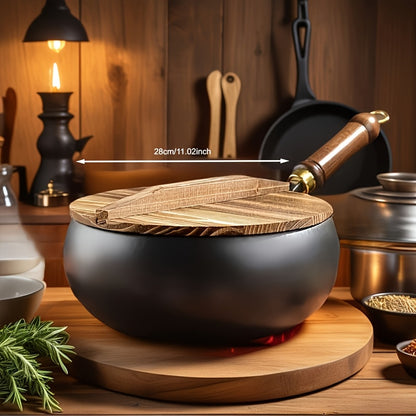 Professional Handmade Cast Iron Dutch Wok - Uncoated, Wooden Lid, Multi-Purpose Wok, Frying Pan Stock Pot Anti-Splatter Oven & All Stove Compatible Durable, Even Heating for Healthy