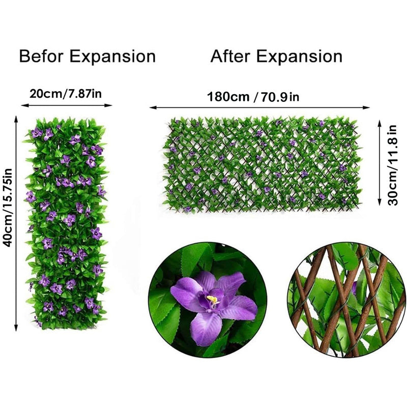 Expanding Garden Trellis Panels, 180X30Cm Expandable Garden Fence Screening with Artificial Ivy And Violet Flower, Decorative Faux Ivy Leaf Privacy Screen Greenery Backdrop for Backyard