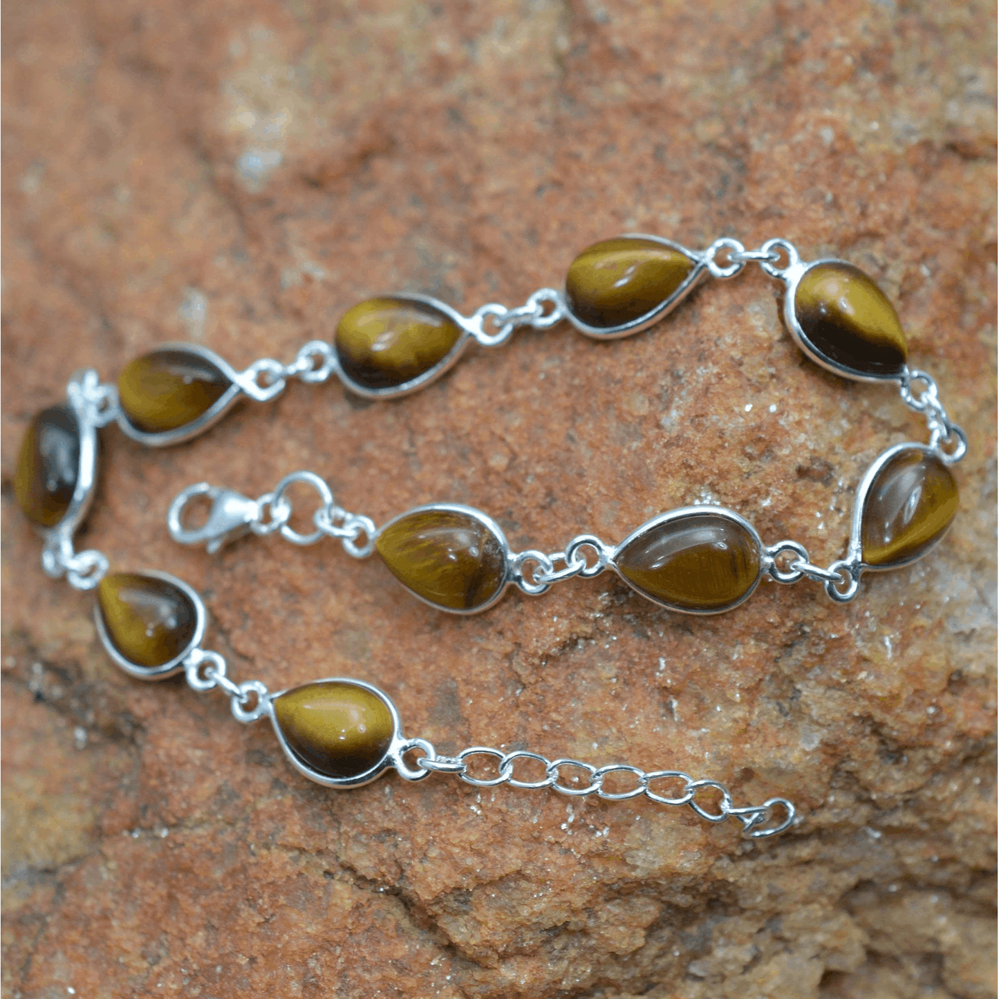 925 Sterling Silver Natural Gemstone Adjustable Bracelet ~ Teardrop Link Bracelet ~ Simple Elegant Jewelry