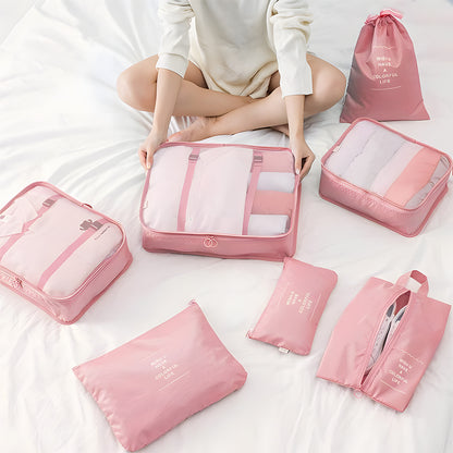 Packing Cubes Set of 7 for Suitcase – Travel Organiser Bags for Clothes, Shoes, Toiletries & Accessories, Oxford Fabric Luggage Sorting Pouches for Holiday & Business Travel in Grey, Pink, Blue & Beige