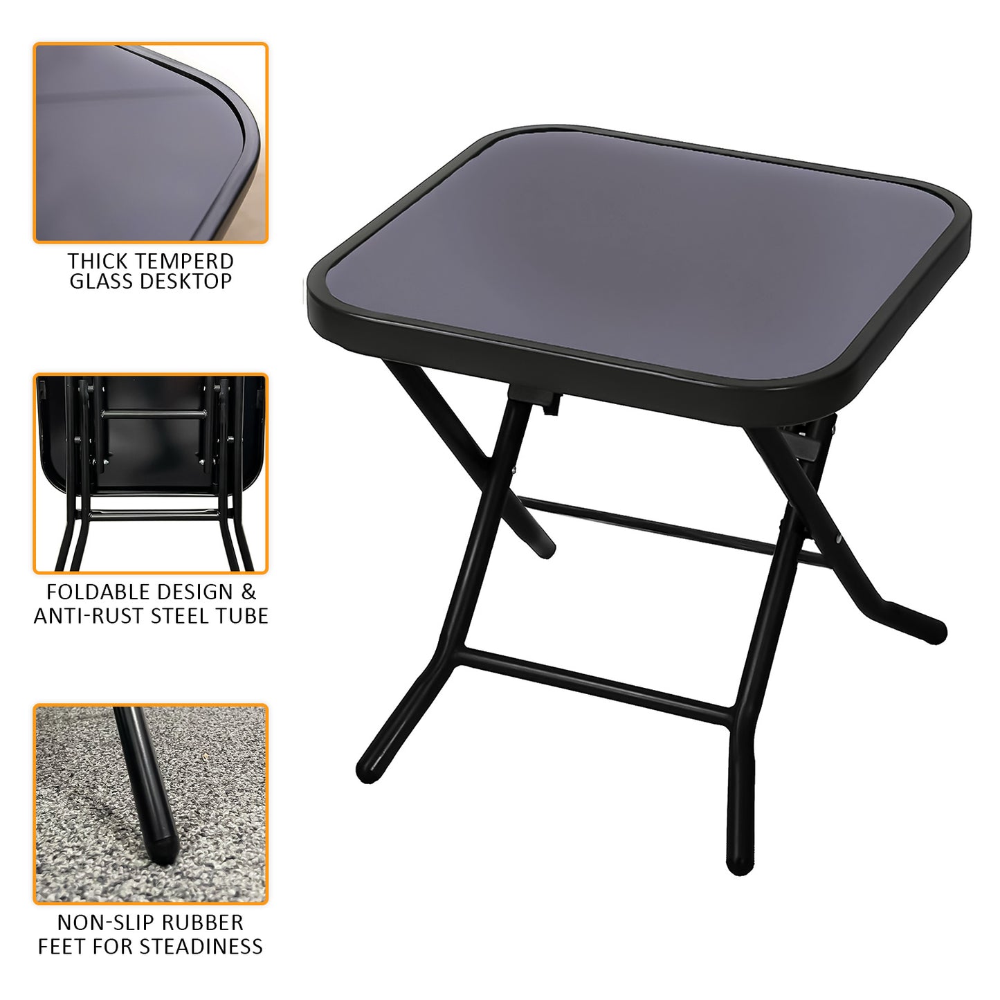 Folding Side Table with Glass Top, Small Outdoor Coffee Table, Garden Home Furniture for Indoor Outdoor Cafe Dining, Black (Square)