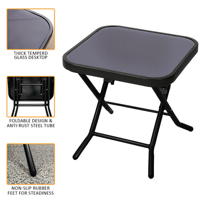 Folding Side Table with Glass Top, Small Outdoor Coffee Table, Garden Home Furniture for Indoor Outdoor Cafe Dining, Black (Square)