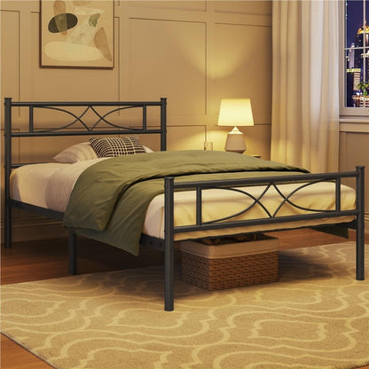 Curved Headboard Metal Bed Frame Platform Bed Vintage Style Built-in Steel Slats 32cm Underbed Storage No Box Spring Needed Single Double King Black White