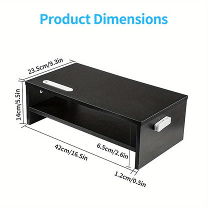 Wood Monitor Stand Riser with Smartphone Holder, 2 Tier Storage, Cable Management for Computer, Notebook, Black