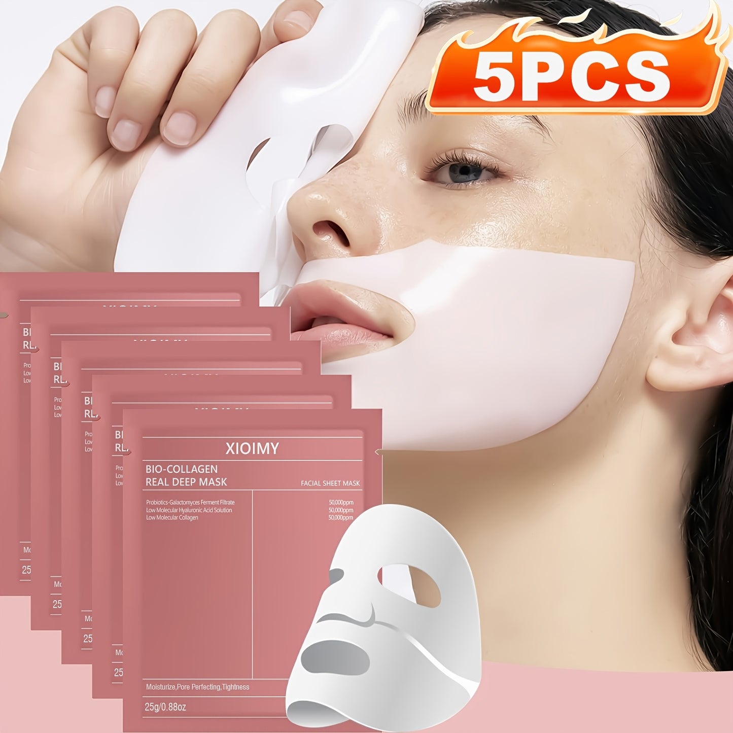 5pcs Collagen Powerful Moisturizing Facial Mask Deeply Hydrates Skin, Making Face More Moist, Delicate, And Bright. Rich in Collagen Acid, Bidding Farewell to Dry, Dull, And Loose Skin