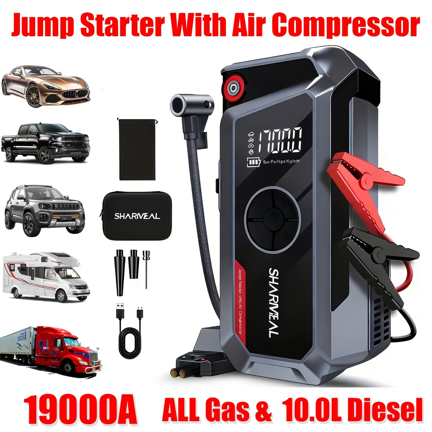SHARMEAL 9000A/10000A Jump Starter with Air Compressor And Tire Inflator, 12V Power Bank, Battery Jump Pack, Jump Starter for Car Heavy Duty, 9-In-1 Multi-Function Power Pack for 10L Gas/All Diesel, Includes Nozzles And Additions