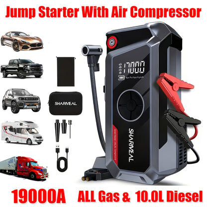 SHARMEAL 9000A/10000A Jump Starter with Air Compressor And Tire Inflator, 12V Power Bank, Battery Jump Pack, Jump Starter for Car Heavy Duty, 9-In-1 Multi-Function Power Pack for 10L Gas/All Diesel, Includes Nozzles And Additions