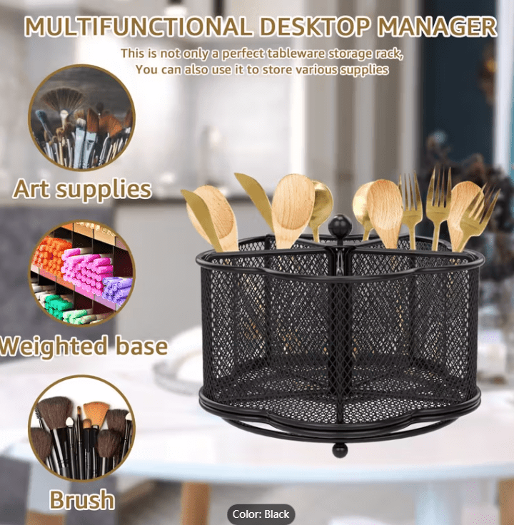 Kitchen Utensil Holder 360° Rotating Utensil Holder 18.29 X 12.95cm Large Metal Utensil Organizer 5-Compartment Metal Utensil Caddy Rotatable Cutlery Holder for Kitchen Dining Tables Kitchen Utensil Organizer Metal Flatware Caddy Countertop Utensil