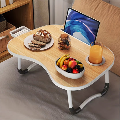 Foldable Adjustable Bed Table with Liftable Tabletop & Cup Holder - Wood Suitable for Home Office Desk, Breakfast Tray, Laptop Desk for Bed, Space-Saving Foldable Leg Table for Small Spaces, Dorm, for Watching Movies in Bed