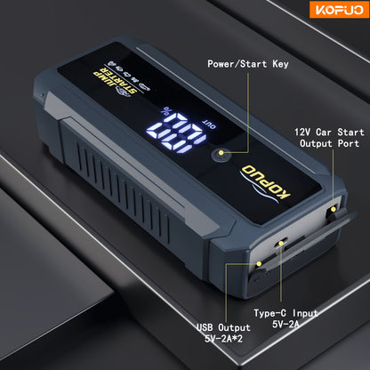 KOPUO 5000A Peak Portable Car Jump Starter for 12V Battery Booster - Smart Jumper Cables with Display, Dual USB Charging, Bright LED Light | Fits 8L Gasoline And 6L Diesel Engines, Compact Reliable Emergency Power, Essential for Emergency Vehicles!
