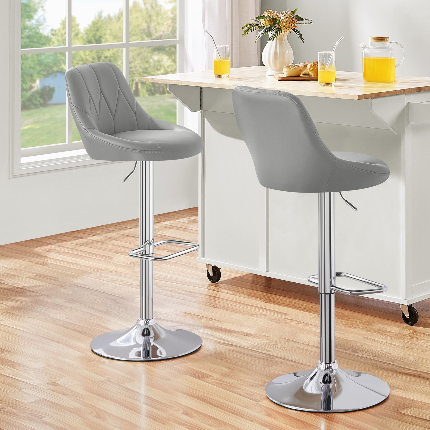 Costoffs 2PCS Bar Stools Faux Leather Swivel Barstools, Height Adjustable, Modern Bar Chairs with Ergonomic Backrest, Cushioned Seat, Chrome Footrest for Home Kitchen Island Bar Counter, Dark Grey/Black/Retro Brown/White/Light Grey