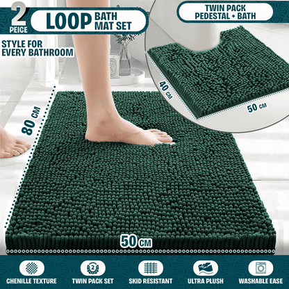 2-Piece Loop Bathroom Mat Set | Soft Chenille Microfiber Rugs with Non-Slip Backing | Machine Washable | Includes 50x80cm Bath Mat & 50x40cm Pedestal Mat | Stylish, Comfy & Durable | UK STOCK | LOCAL WAREHOUSE