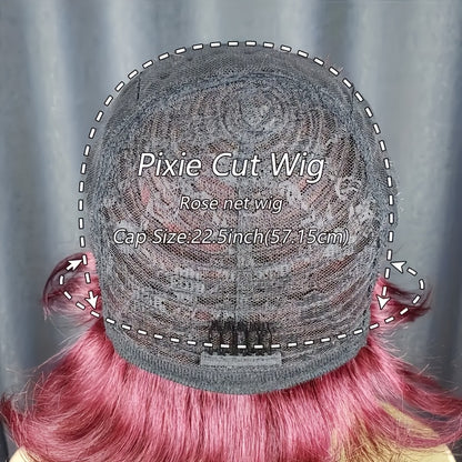 [Brazilian Wig] Brazilian Density Red 99J Burgundy/1B Color Human Hair Wig | 15.24 cm Pixie Cut Human Hair Wig with Bangs for Women Layered Wigs for Halloween Party And Comic Exhibitions