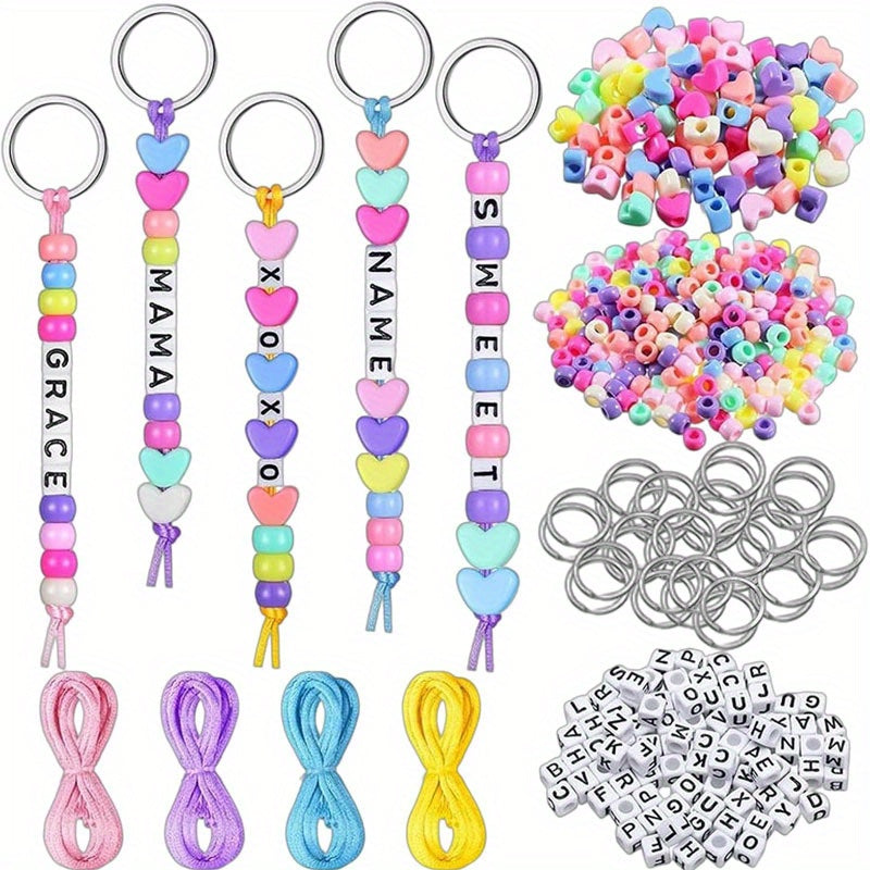 566pcs Keyring Making Kit Key Rings Letter Bead Colorful Beads Heart Bead