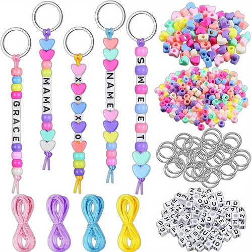 566pcs Keyring Making Kit Key Rings Letter Bead Colorful Beads Heart Bead