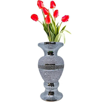 Crushed Diamond Ceramic Silver Vase, Diamante Bling Home Ornament, 30cm, Sparkly Mirrored Flower Vase