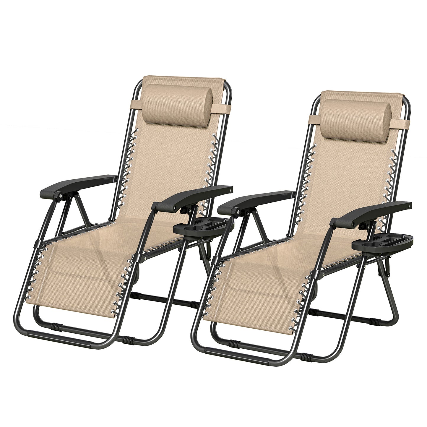 2pcs Zero Gravity Chairs, Fabric Foldable Patio Chairs Outdoor, Lounge Camping Chairs with Padded Pillow, Armrest, Footrest and Cup Holder - Textilene Fabric