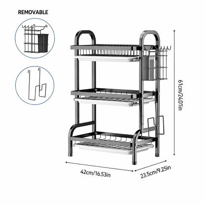 3 Tier Dish Drying Rack with Drip Tray Large Capacity Kitchen Organiser for Plates Bowls & Utensils Space Saving Storage Solution Household
