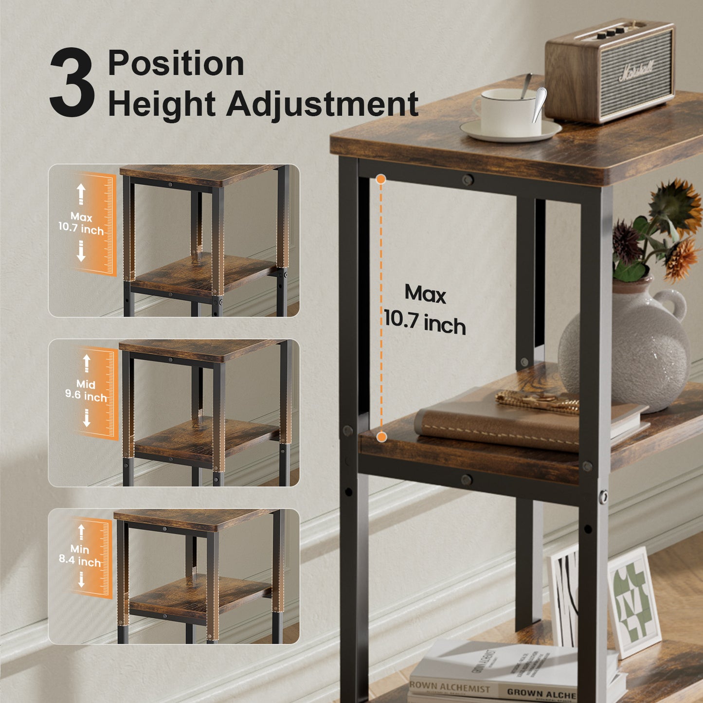 Bookshelf, Sofa Side Table Living Room, Industrial End Table With 3-Tier Storage Shelves, Bedside Tables With Height Adjustable, Steel Frame, Nightstand 37 x 30 x 59.4/62.4/65.4 cm, 4 Colors