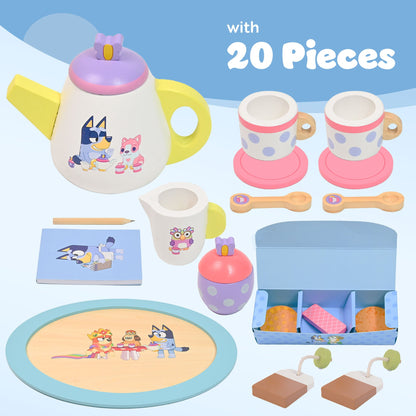 Bluey Wooden Tea Party Set – 18pcs Pretend Play Set with Teapot, Tea Cups, Biscuits, Tray & Notepad – Toy for Kids Aged 3+ – Creative Role-Playing Fun