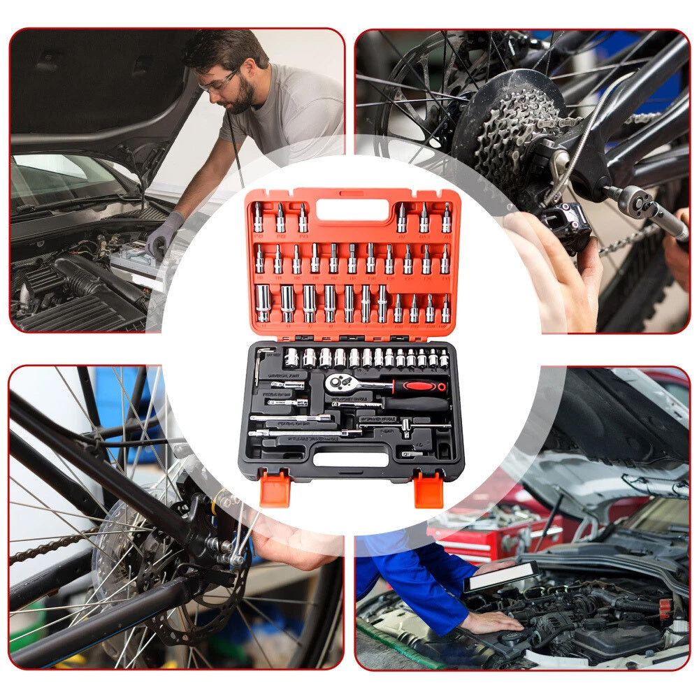 53pcs 1/ 4" Drive Ratchet Socket Wrench Set, with Carbide Screwdriver Bits - 1/ 4" Drive Ratchet with Flat, Hex, & Torx Heads, Extension Rod - Durable Tool Kit for Car Maintenance & Household Tasks