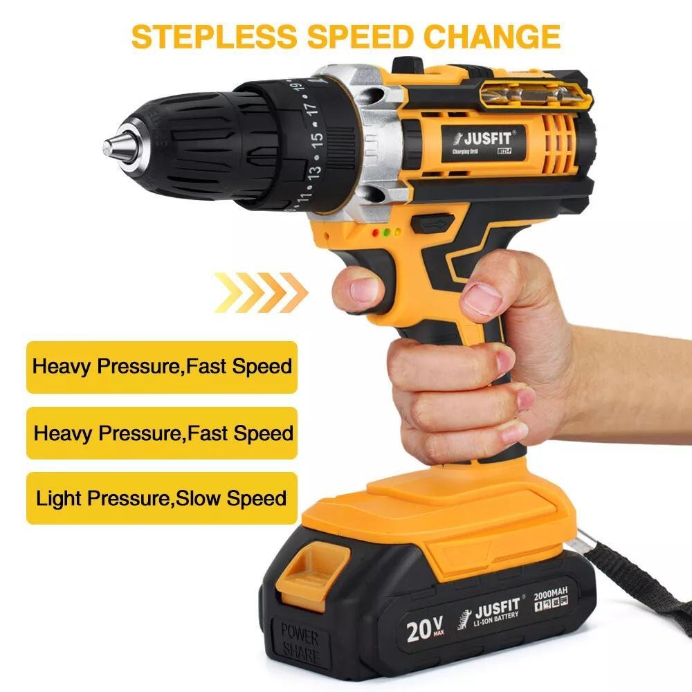 Cordless Hammer Drill Set 29 Piece JUSFIT 3-in-1 Combi Drill 3/8 Keyless Chuck 50Nm 25+3 Clutch Variable Speed LED 2 Batteries & Case Electric Screwdriver Kit