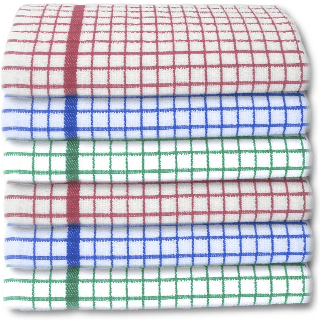 Pack of 6 Large Tea Towels 40x60cm – 100% Cotton Luxury Check Soft Kitchen Towels – Highly Absorbent Dish Cloths – Durable Washable Tea Towels for Drying Dishes, Cleaning, Cooking, Household, Restaurant, Bar, Café, Catering, Commercial & Professional Kitc
