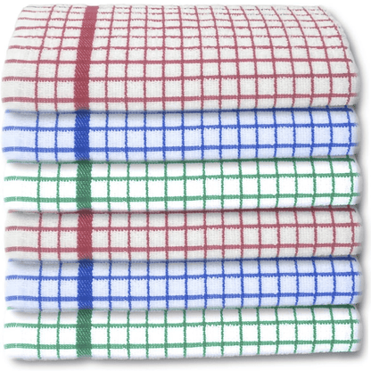 Pack of 6 Large Tea Towels 40x60cm – 100% Cotton Luxury Check Soft Kitchen Towels – Highly Absorbent Dish Cloths – Durable Washable Tea Towels for Drying Dishes, Cleaning, Cooking, Household, Restaurant, Bar, Café, Catering, Commercial & Professional Kitc